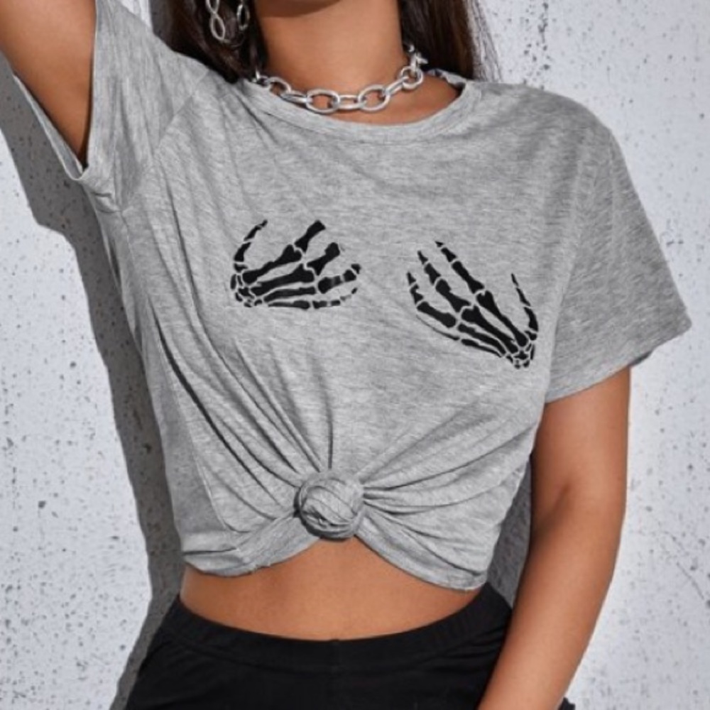 SHEIN Skeleton Hand Chest Grab Gray Large T-Shirt